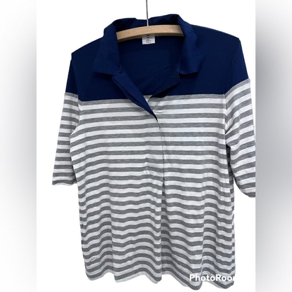 LACOSTE stripe gray and white with navy colar size 40